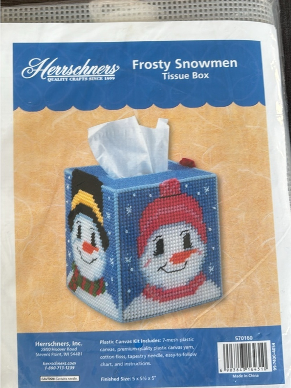 Brand New Herrschners Frosty Snowmen Blue Tissue Box Cover canvas kit #570160